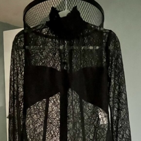 ZARA NWOT Black Lace Bohemian Sheer Flare Long Sleeve High Neck Top Size Medium - Picture 7 of 14